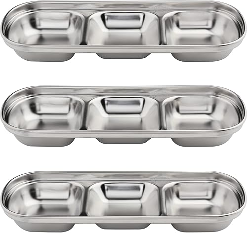 CHWAIKA 3 platos de salsa de soja de acero inoxidable, 3 rejillas, platos de salsa divididos, guarniciones para salsa de soja, salsa de tomate,