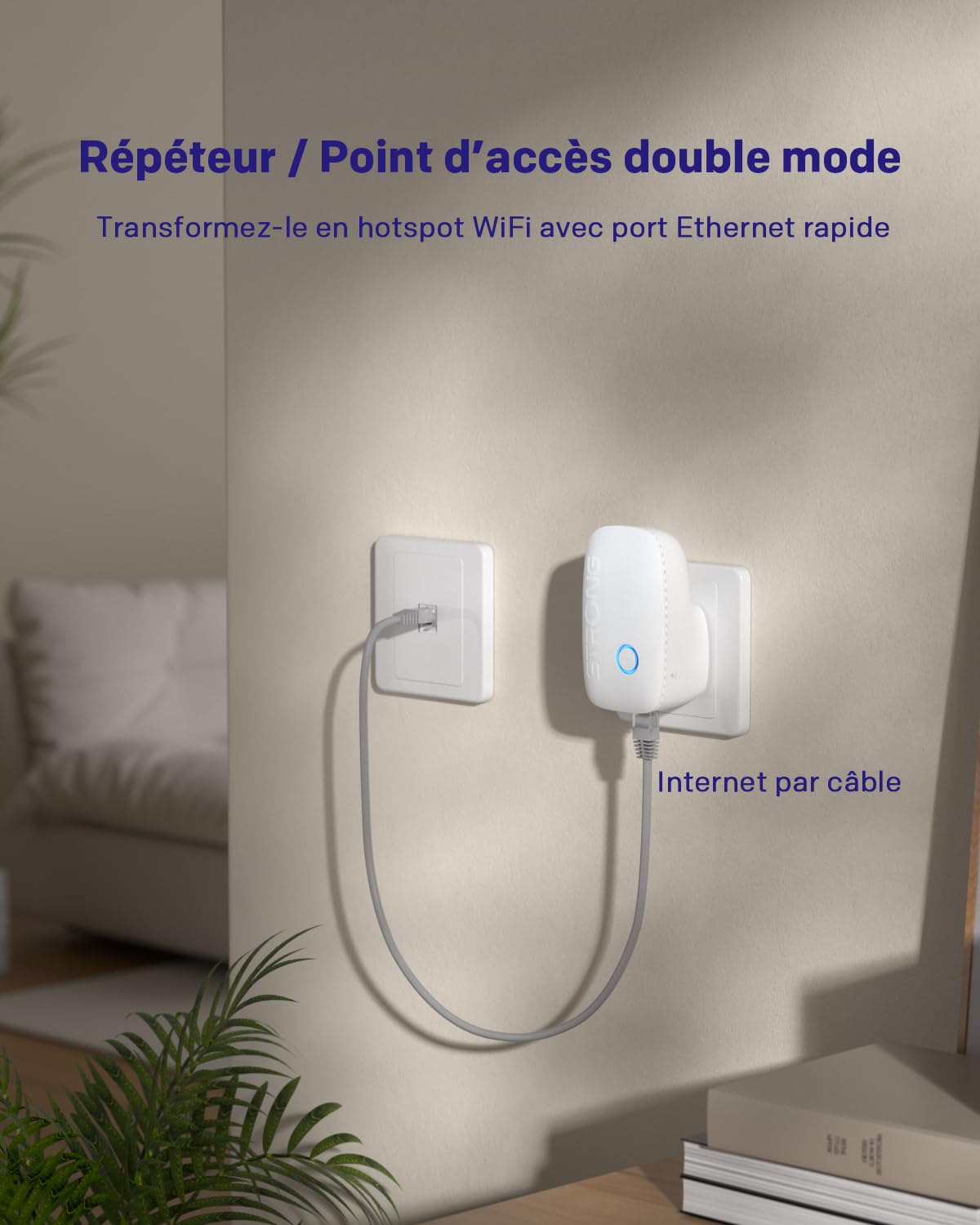 STRONG Répéteur WiFi AC1200Mbps Dual Band, Amplificateur WiFi Puissant, Port Ethernet 100Mbps, Point d’Accès, Lampe de Nuit Intelligente, Compatible avec Box Internet, Installation Facile Via WPS