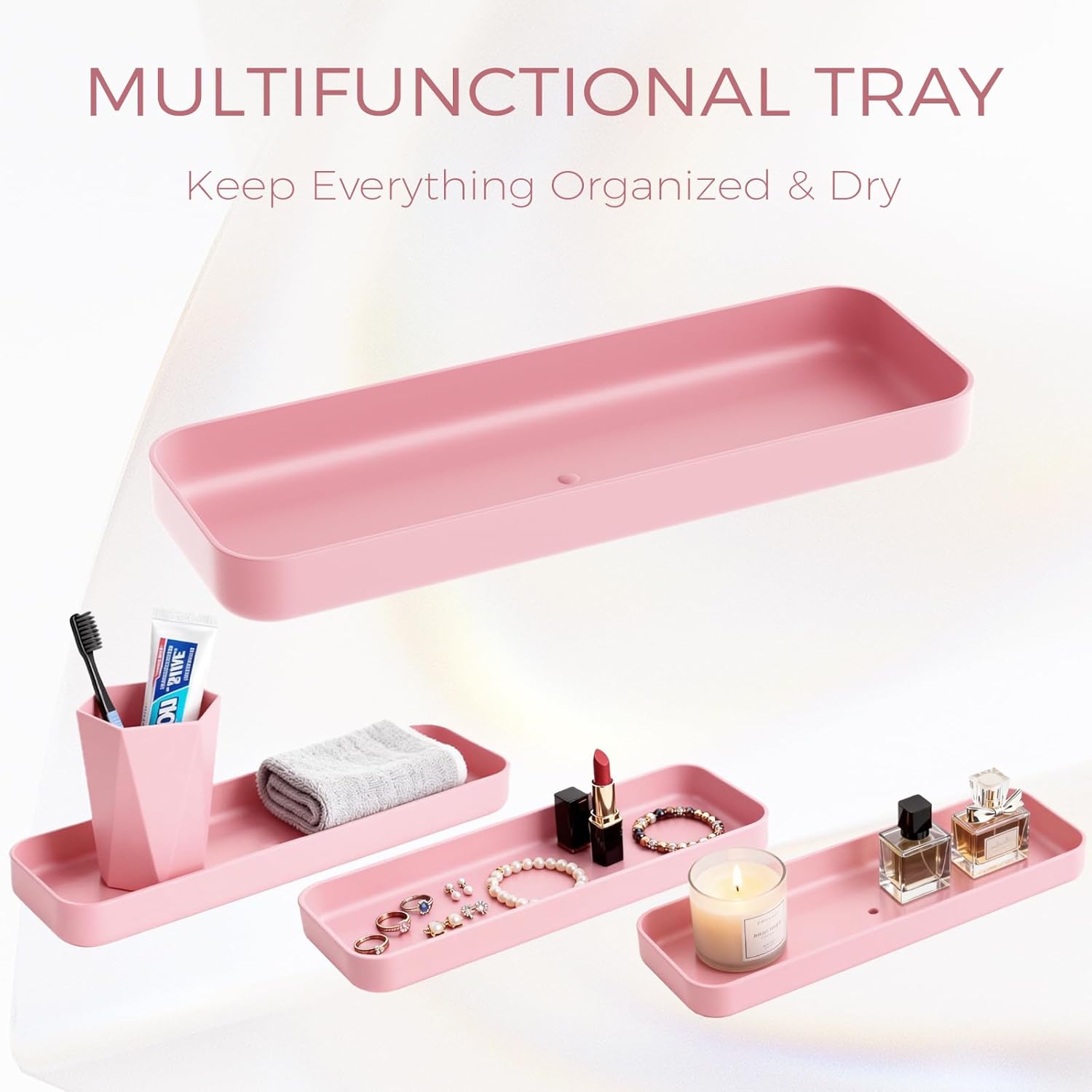 BSSN 10-Piece Pink Bathroom Accessories Set - Unbreakable Modern Bath Decor with Bamboo Accents - Includes Trash Can, Toilet Brush, Soap Dispenser, Tray, 2 Q-tip Holders - Complete Essentials