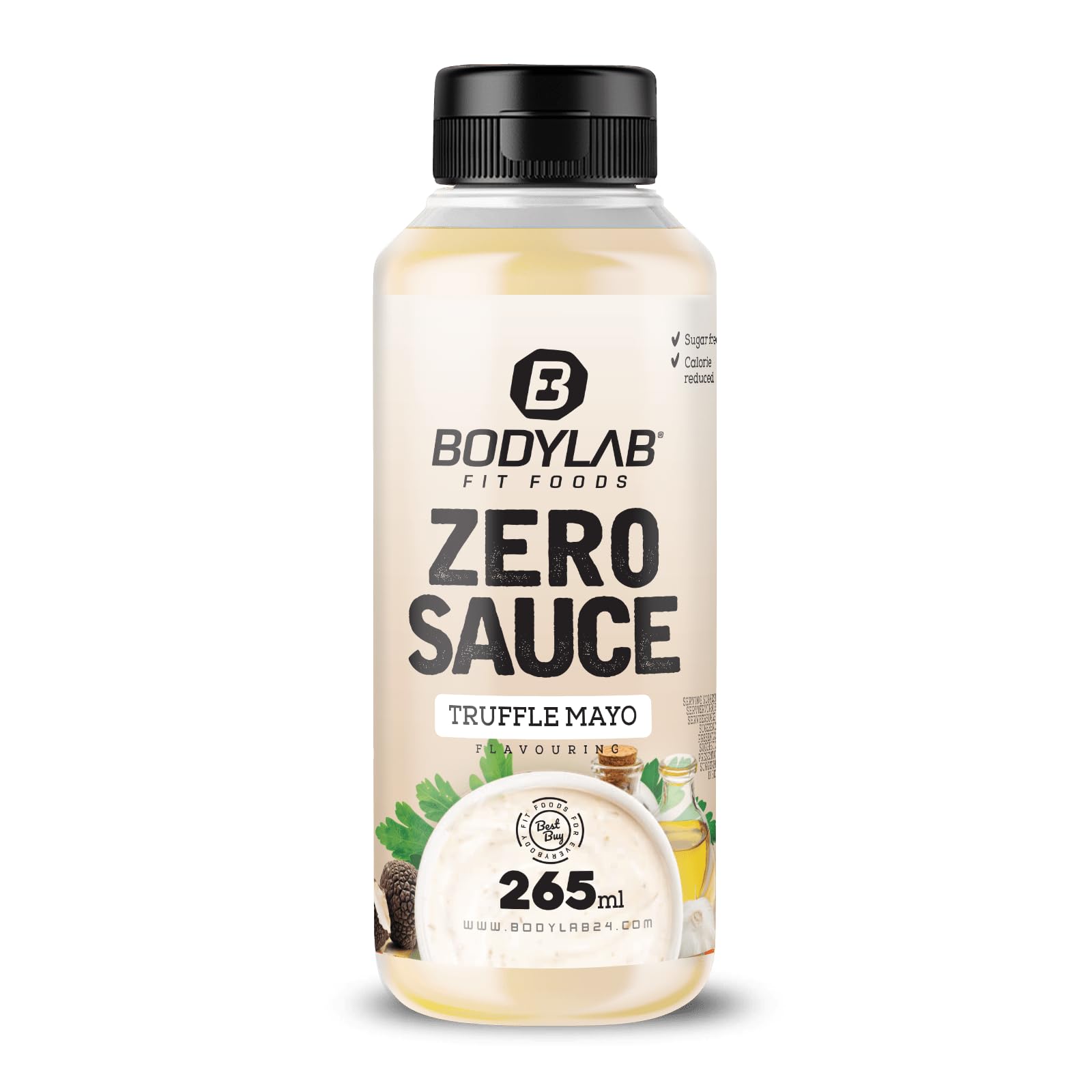 Bodylab24 Zero Sauce Trüffel Mayo 265ml, kalorienarm, nur 3-9 kcal je 15g Portion, fett- und zuckerreduziert, perfekt zum Verfeinern von Gerichten, als Sauce oder Dressing, ideal für jede Diät