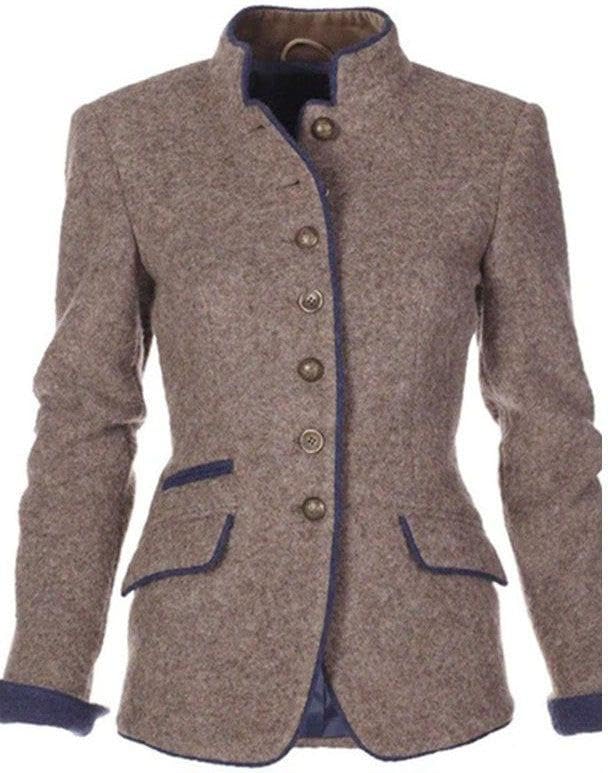 Women's Vintage Single-Breasted Tweed Blazer Jacket Elegant Long Sleeve Stand Collar Fitted Business Jacket Coat3