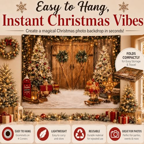 Image of Christmas Decorations - Rustic Xmas Tree Snowy Barn Wood Door Backdrop
