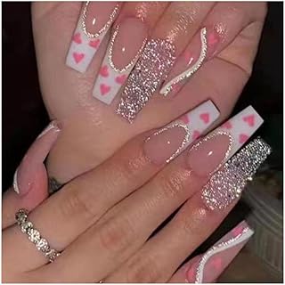 24 pçs Cobertura completa para unhas Rosa Coração Prata Glitter Caixão Unhas postiças Design Bailarina Unhas postiças Manicure Unhas postiças vestíveis dress up