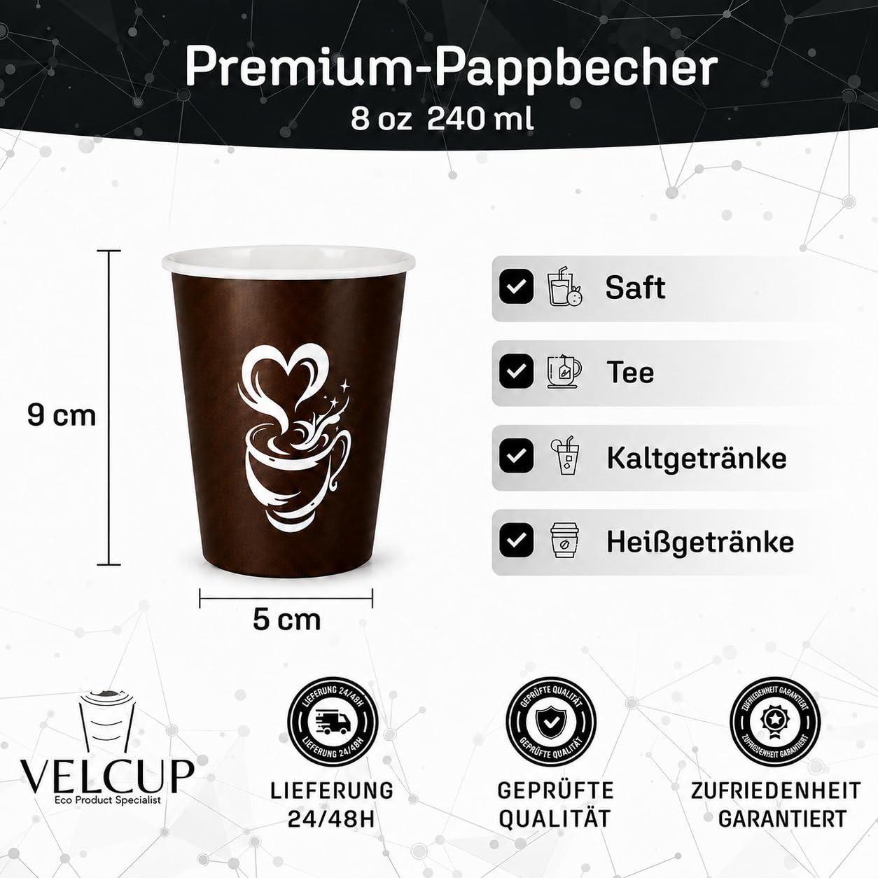 Lot de 1000 gobelets jetables Marron Barista 8 oz (240 ml / 24 cl) – renforcé 6,0 g par unité, résistants à la chaleur, idéals pour professionnels, cafés, bureaux et événements
