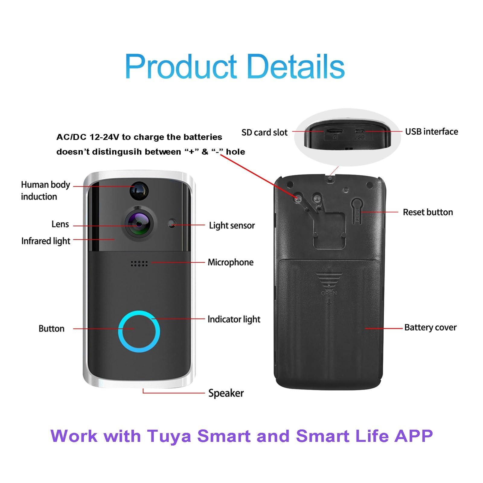 1080P 720P Tuya Campanello Telecamera WiFi Smart Home Video Campanello for porte Wireless Audio a 2 vie PIR Rilevazione di movimento Campanello di sicurezza for la casa ( Color : 720P with Battery-B ,