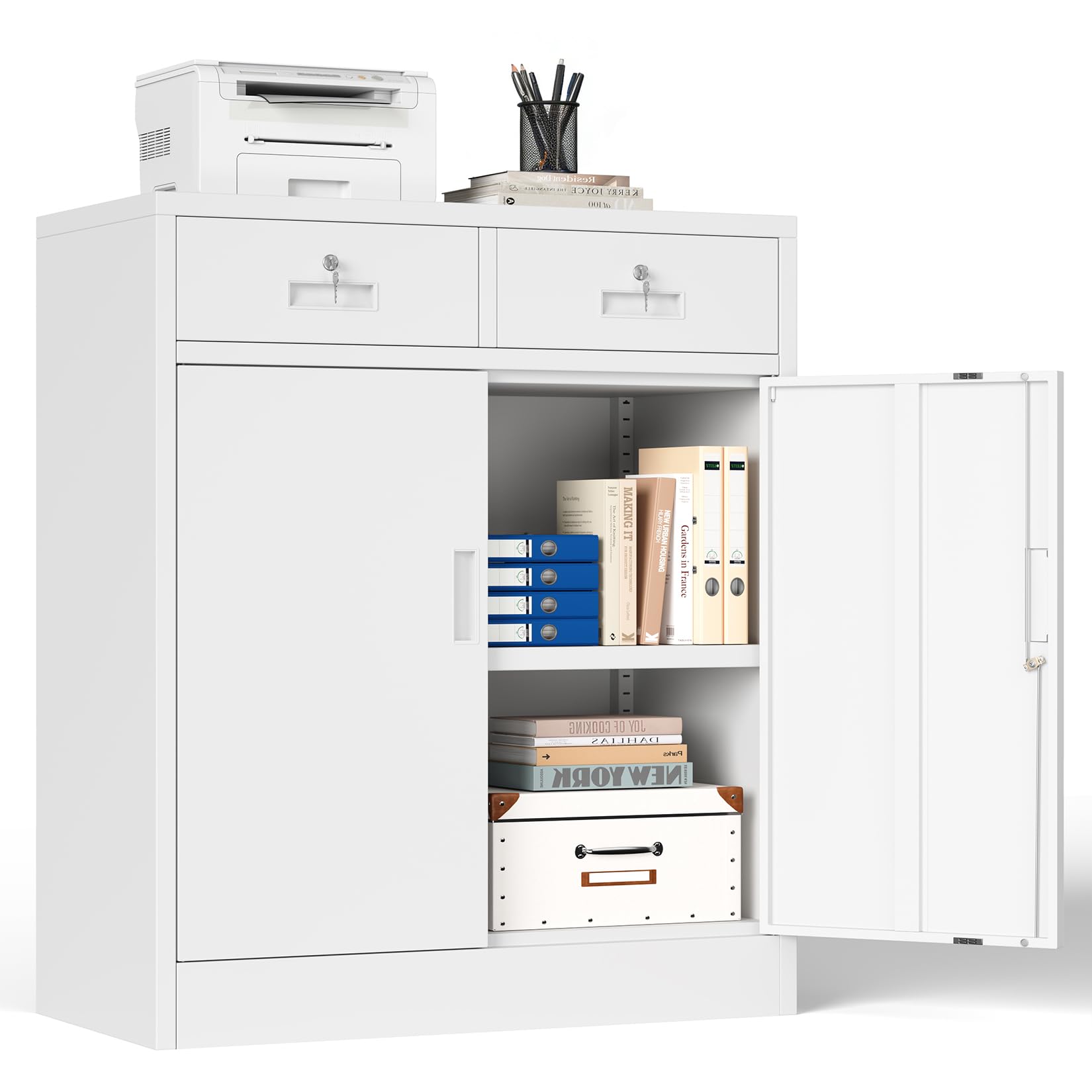 Armadietto multiuso, armadio da ufficio con 2 ante con serratura, armadietto in acciaio, 2 cassetti e 1 ripiano regolabile per ufficio, garage (bianco, 90 x 80 x 40)