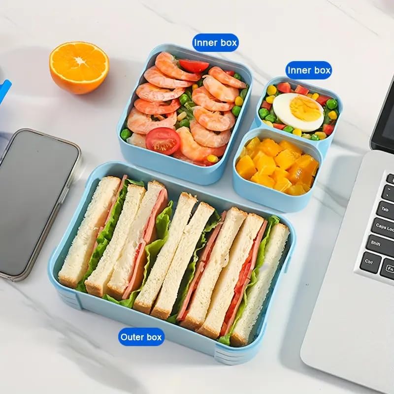 Image of YELONA Lunch Box + Tumbler Combo for Office & School | BPA Free Leakproof Bento Lunch Box with Compartments | 350ml Stainless Steel Insulated Coffee Mug - Neptune Blue