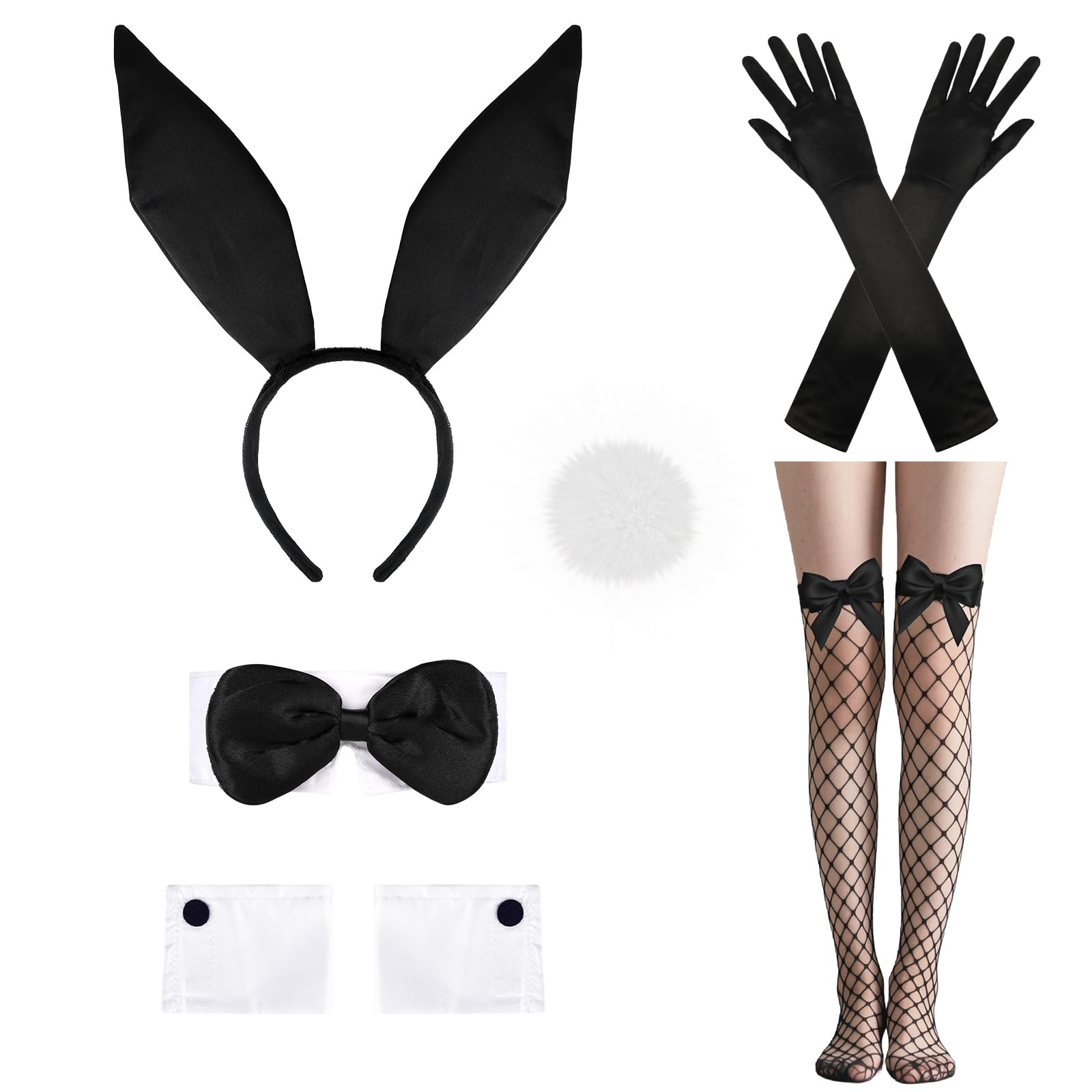 XEPST Bunny Costume Set with Black Bunny Ears and Tail, Bow Tie, Cuffs, Fishnet Stockings, Gloves for Women Halloween Costume Accessories Cosplay Easter Party
