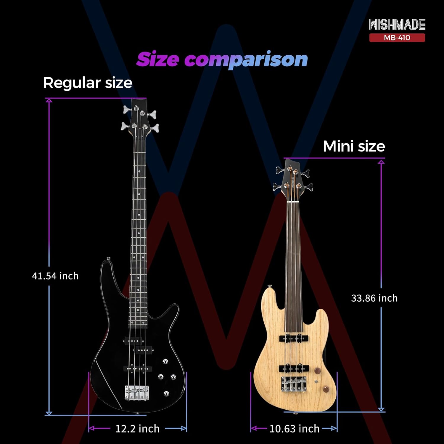 WishMade 36 Inch Electric Bass Guitar Fretless Travel Bass Guitar,Portable Small Size Guitar with Gigbag,Maple Neck(4 String Natural)