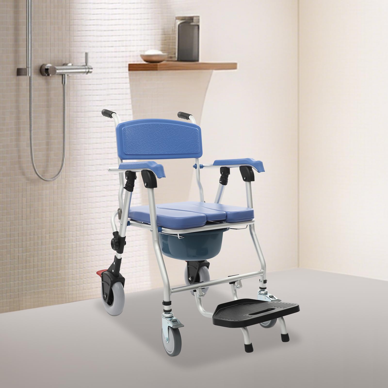 Silla de inodoro con ruedas, silla de ducha plegable, silla de ruedas multifuncional, silla de inodoro con orinal, reposabrazos y asa deslizante trasera, capacidad de carga 150 kg, 55 x 63 x 90 cm