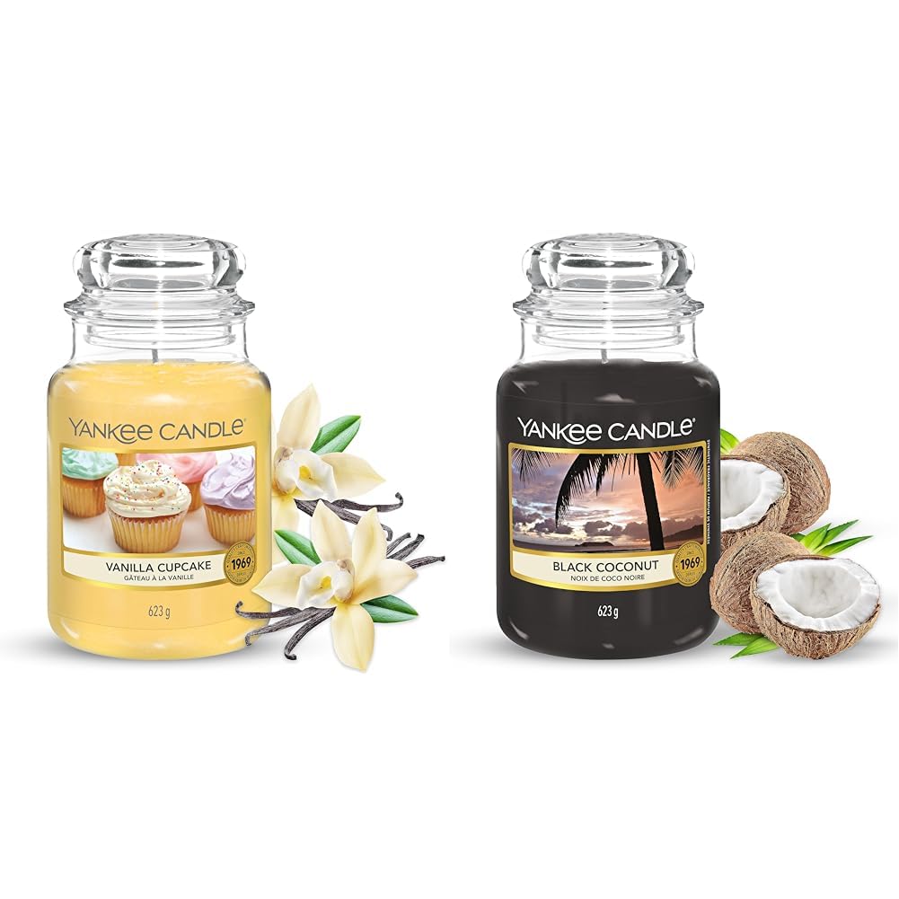 Yankee Candle Candela profumata in giara grande | Cupcake alla vaniglia | Durata Fino a 150 Ore & Candela profumata in giara grande | Noce di cocco nera | Durata Fino a 150 Ore