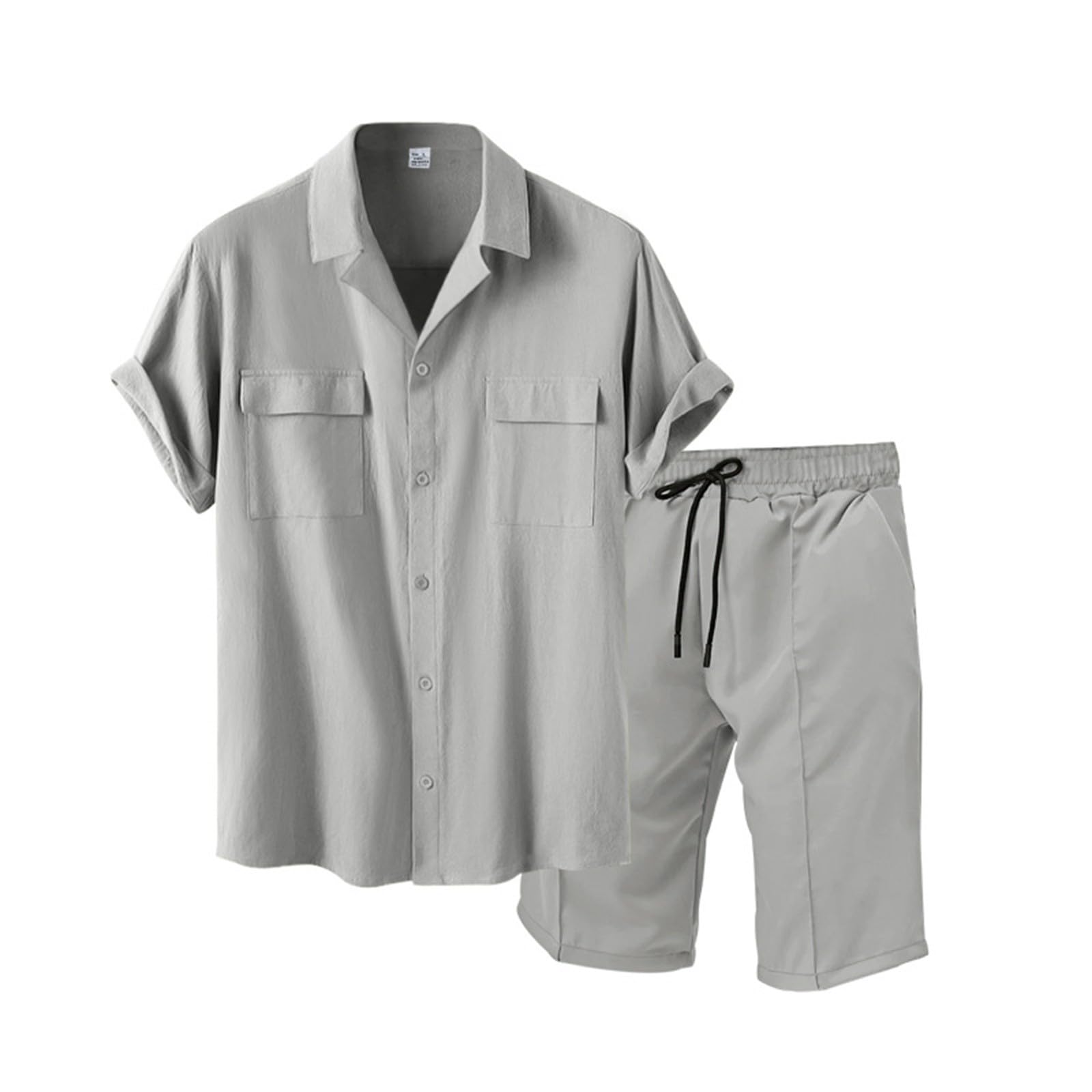 Herren Sommer Outfit Set Hemd Und Shorts Set 2 Teiliges Hemden mit 2 Taschen Kurze Hosen Elastischer Taille Leichte Sommeranzug Freizeitanzug Regular Fit Strandanzug
