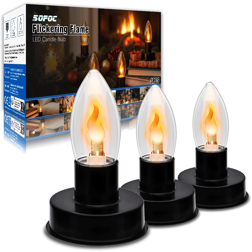 SOFOC LED-Glühbirnen mit Flackereffekt und Kerzenhalter, E27-Sockel, 0,5 W, batteriebetrieben, warmes Orange, 2700 K, perfekt für Schlafzimmer, Party, Hochzeit, Kirche, 3 Stück