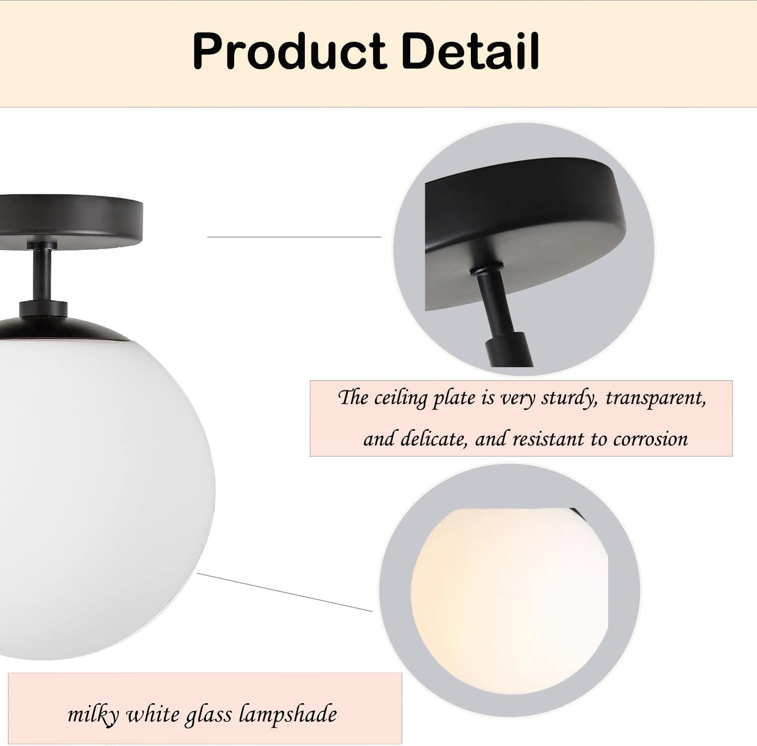 Globe Semi Flush Mount Ceiling Light Fixture Globe Ceiling Light Milk Glass Matte Gold Finish Contemporary Mid Century Modern Lighting for Hallway Living Room Kitchen (Black, 8″)