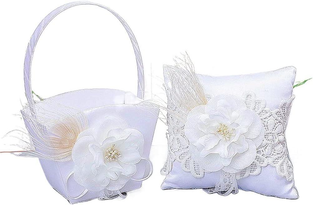 Flower Girl Basket And Bear Pillow Set- Cute Cherish Wedding Baskets - Ivory Decorate