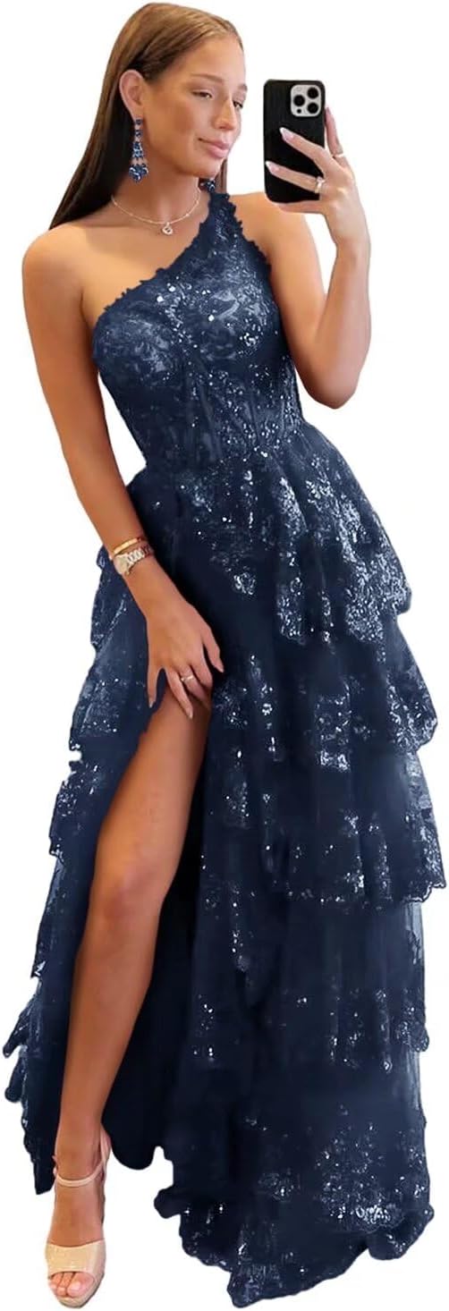 Cudiew One Shoulder Lace Tulle Tiered Prom Dress Sparkly Sequined Applique Long Maxi Formal Evening Party Gowns