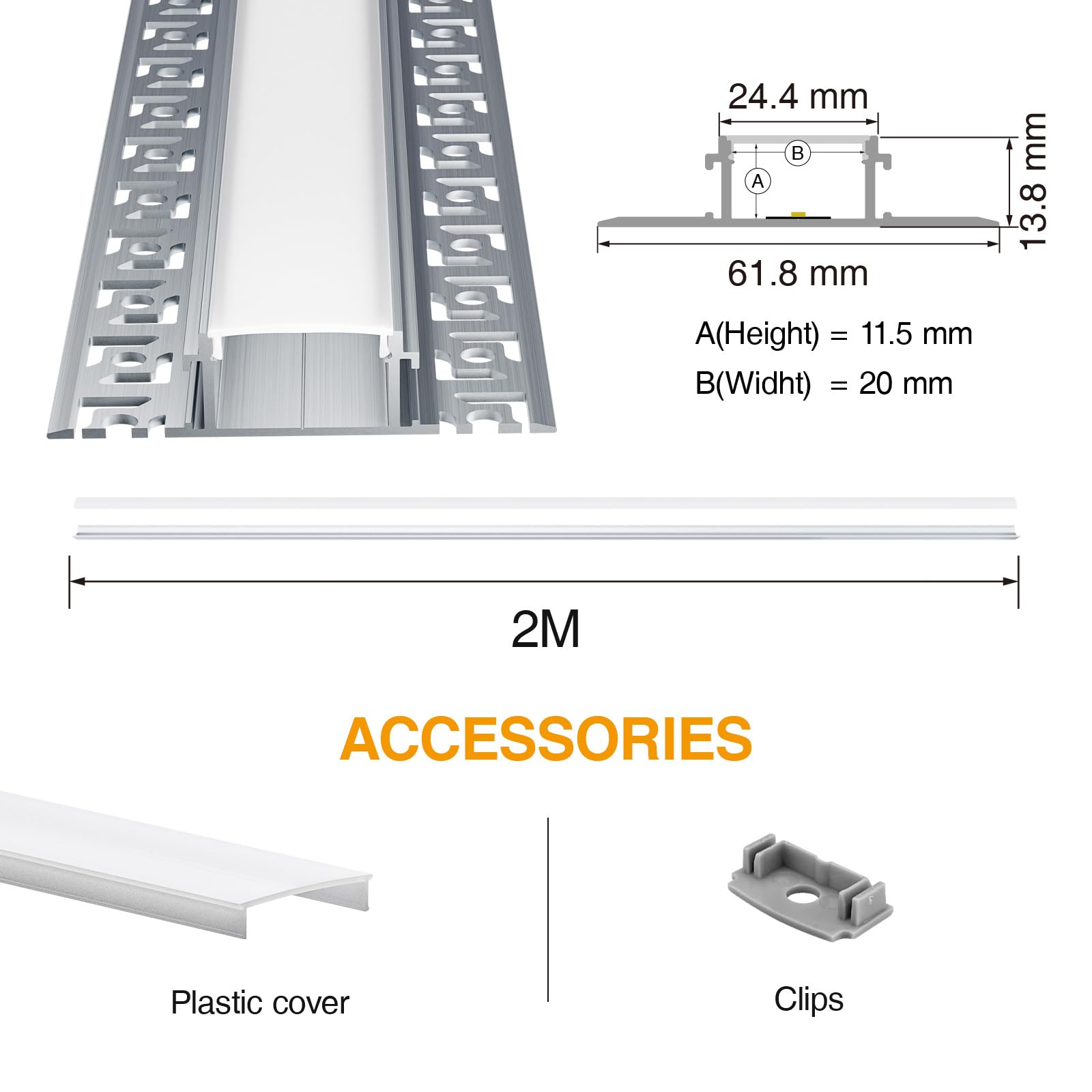 Profilo in Alluminio LED 15 x 2 m, Profilo Led per Cartongesso, Profilo in Alluminio per Strisce led, Diffusore, Adatto per Strisce led fino a 20 mm