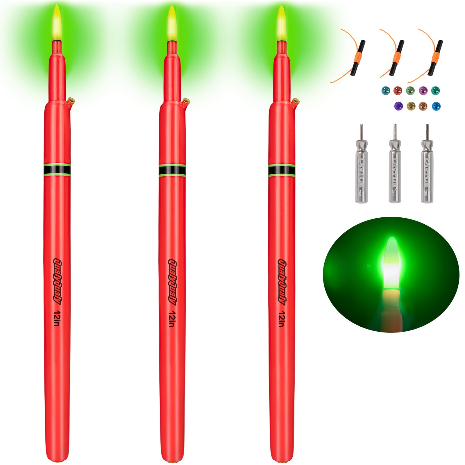 QualyQualy Lighted Fishing Floats, Weighted Floats Catfish Pole Floats LED Lighted Bright Bobber Wood Pole Fishing Float for Big Bait 7IN 10IN 12IN, 3PCS (B-Red Lighted Pole Float, 12''-3Pcs)