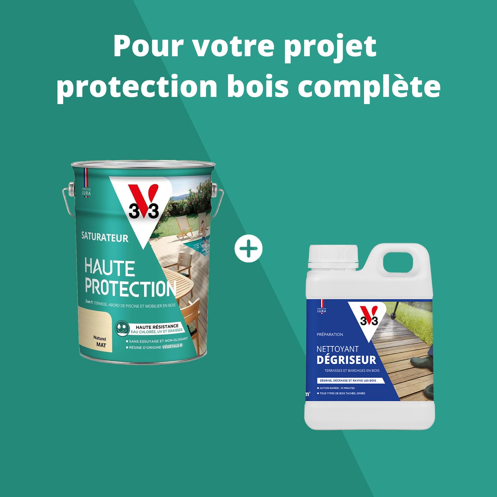 V33 Saturateur bois extérieur Naturel mat 5L - Haute résistance eau chlorée, UV et graisse - Sans essuyage et non glissant