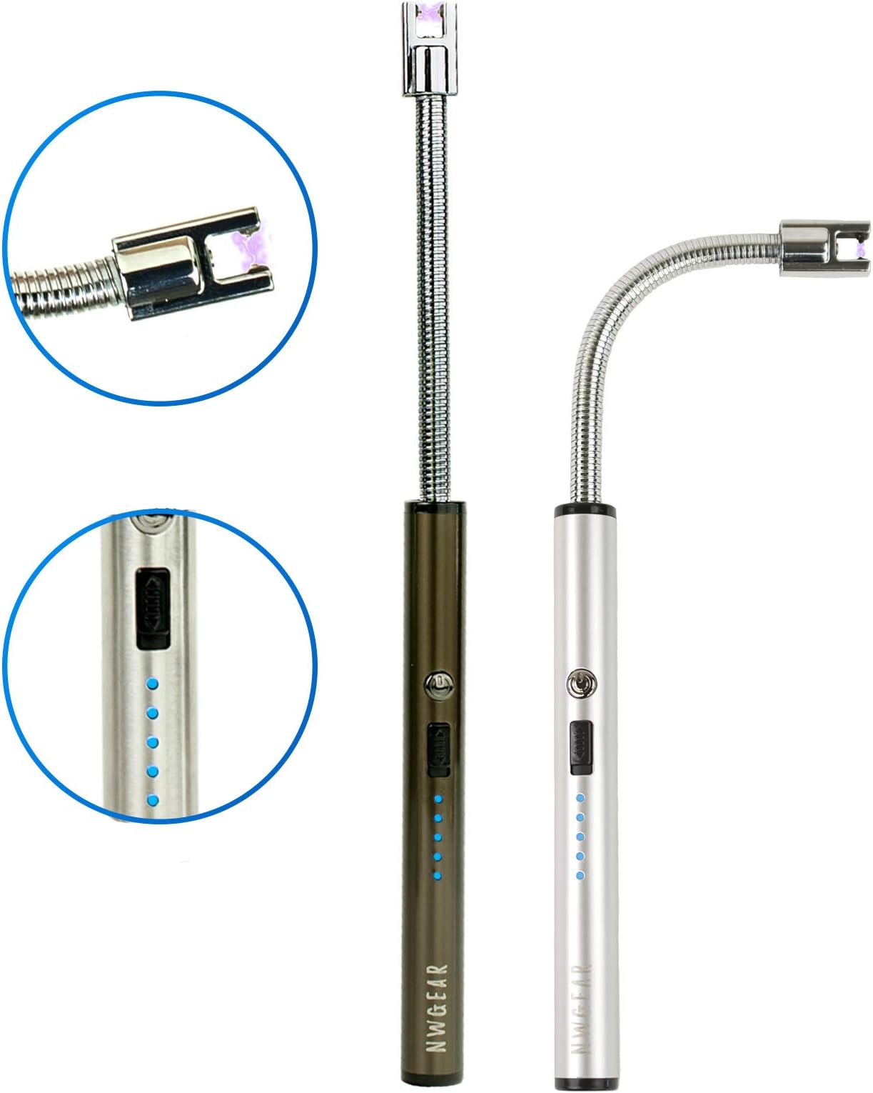 NWGear Electric Arc Lighter (2 Pack) | BBQ Lighter with Long 360° Flexible Neck, LED Battery Indicator, USB Rechargeable, Splash & Windproof – for Candles, Gas Stoves, Emergency