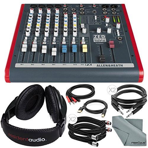 Allen & Heath ZED60-10FX 6-Channel Mixer with Digital Effects and USB I/O + Basic Bundle w/Headphones, 6X Cables, Fibertique Cloth