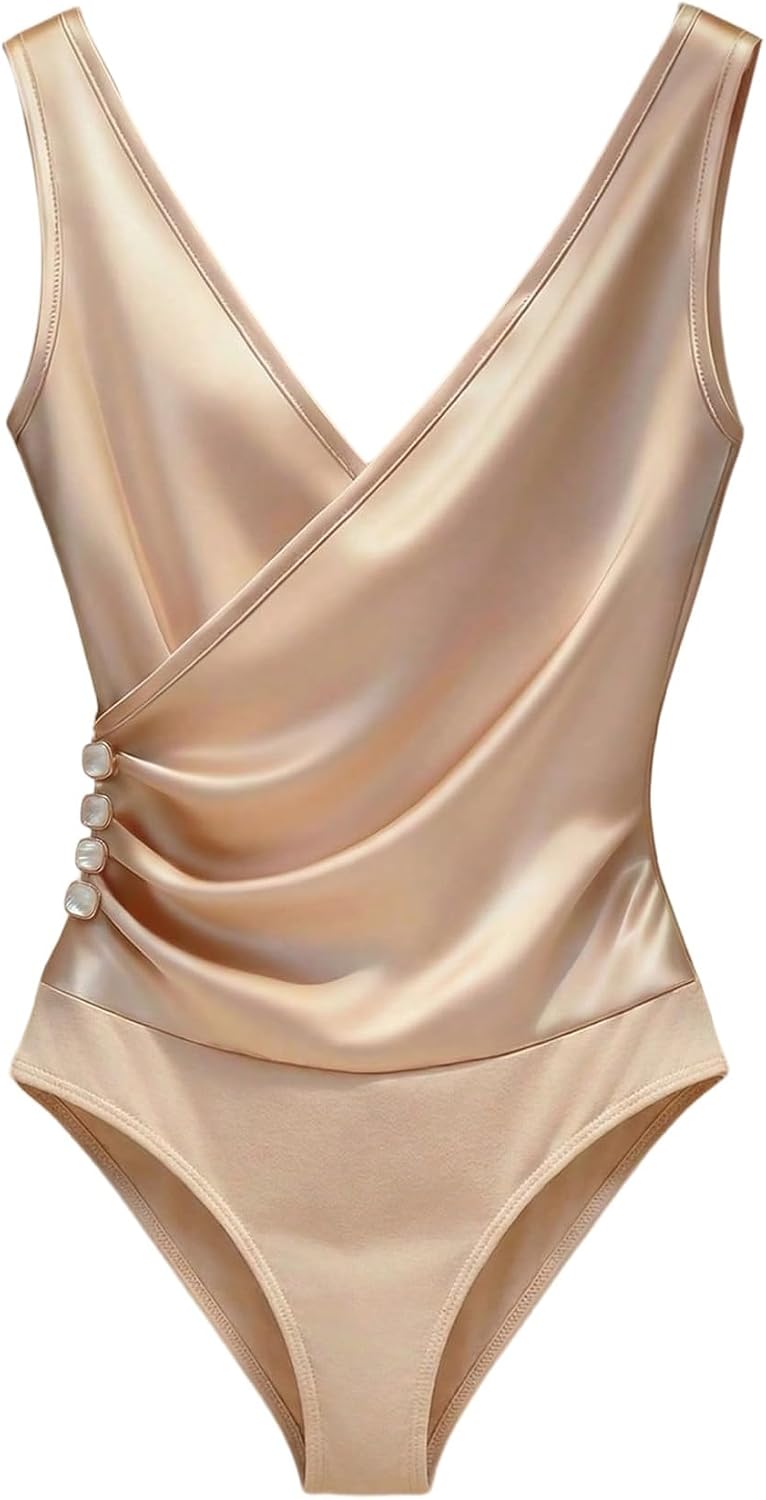 SweatyRocks Women's Silk Satin Wrap Bodysuit Sleeveless V Neck Pleated Blouse Elegant Work Tank