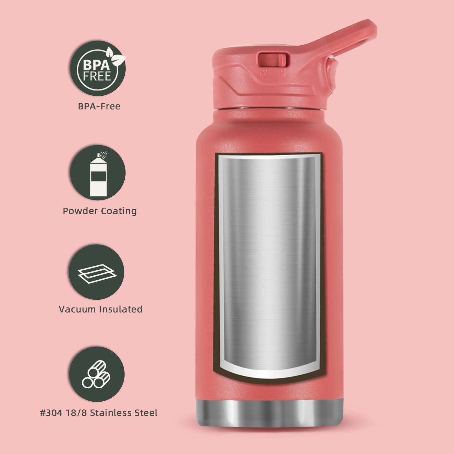 IDEUS Insulated Stainless Steel Water Bottle with 2 Leak-Proof Lids, Thermal Water Flask for Hiking Biking, 32oz, Red