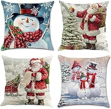 Christmas Pillow Covers Thanksgiving Decorations 18x18, Set of 4 Cushion Covers Fabric Pillow Cases for Indoor Christmas Home Decor, Throw Pillow Covers for Christmas Ornaments Gifts (Christmas-C)