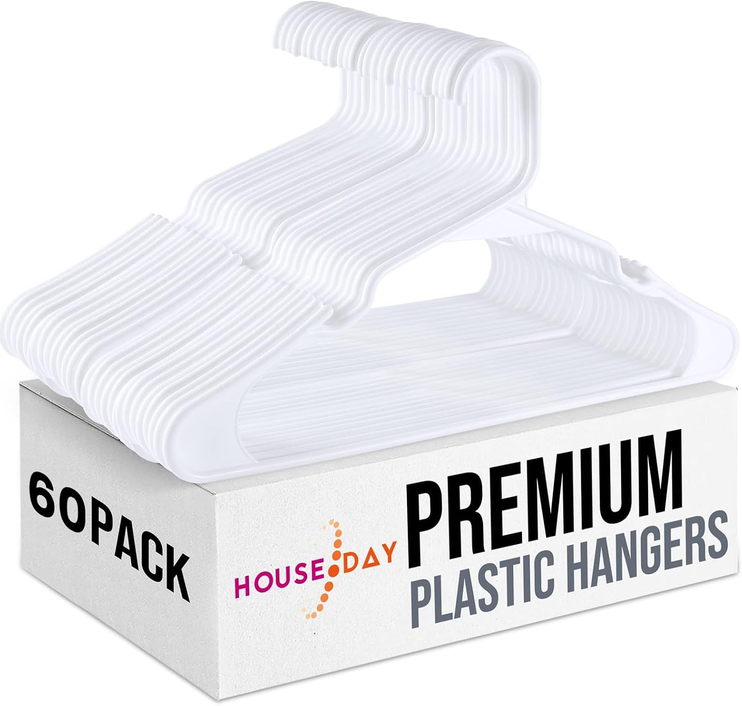 House Day Heavy Duty White Plastic Clothes Hangers – 60 Pack