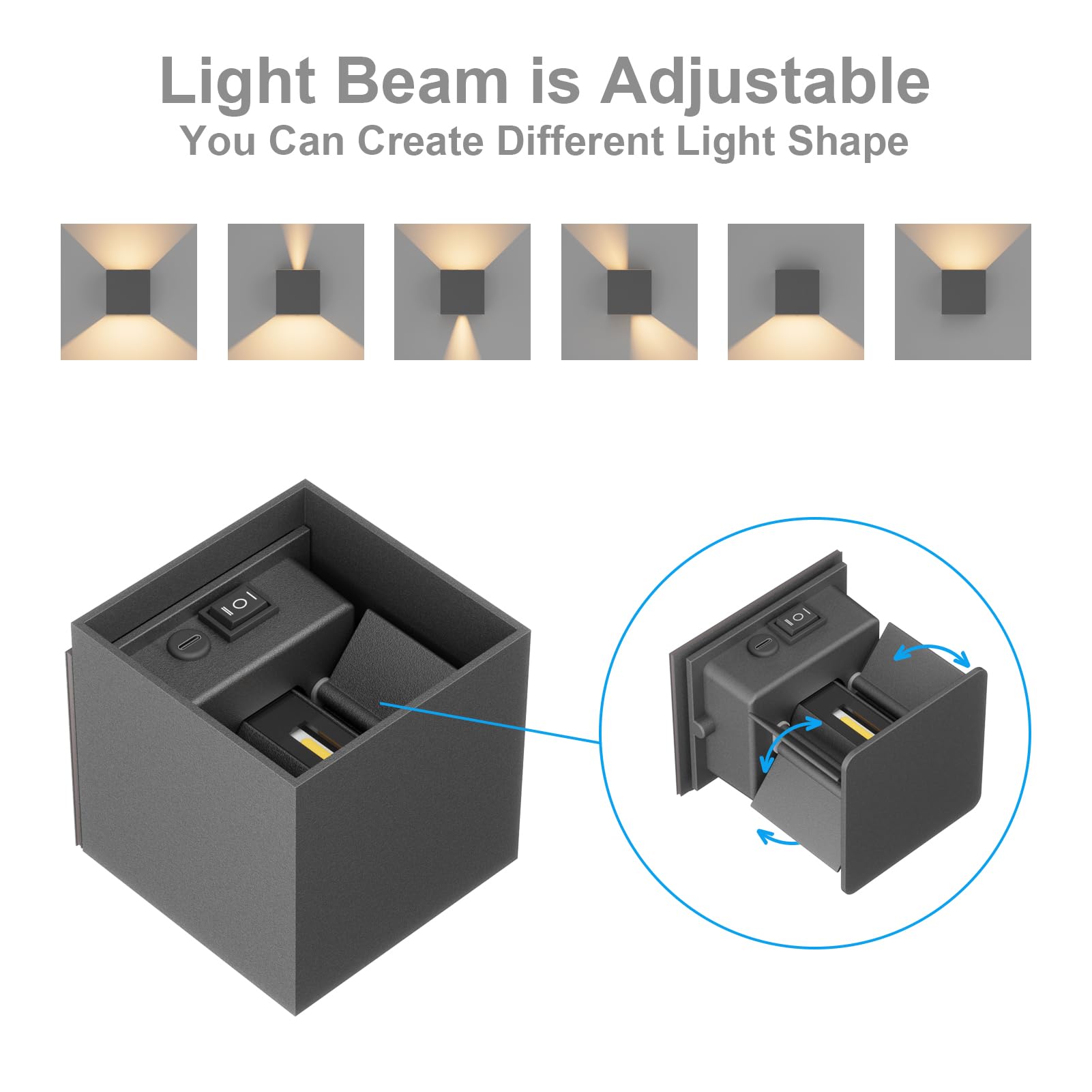 K-Bright 2PCS Aplique de Pared Interior con Sensor de Movimiento, 5W USB recargable LED Lámpara de Pared sin cable con Interruptor, Ángulo de haz Ajustable Iluminación de Pared, 3000K, Gris oscuro