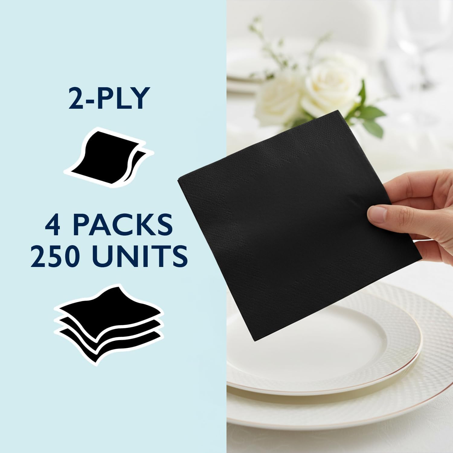 Morcon Valay - Servilletas de papel de 2 capas para servicio de alimentos y bebidas, servilletas negras comerciales de tamaño perfecto, 4 paquetes de 250 servilletas, 1000 unidades en total