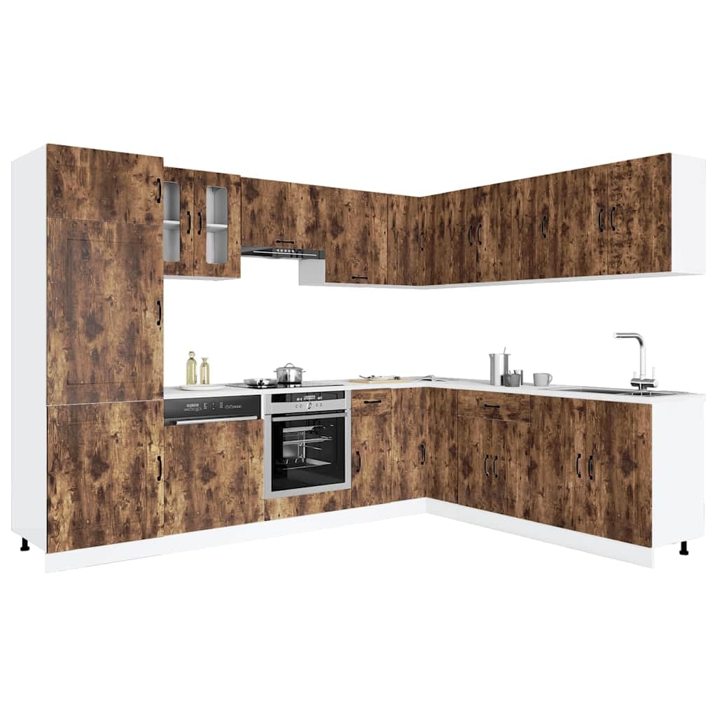 14-TLG Einbauküche Kalmar Räuchereiche 80×46×81,5 cm mit Spülen- & Eckunterschrank, Hängeschränken