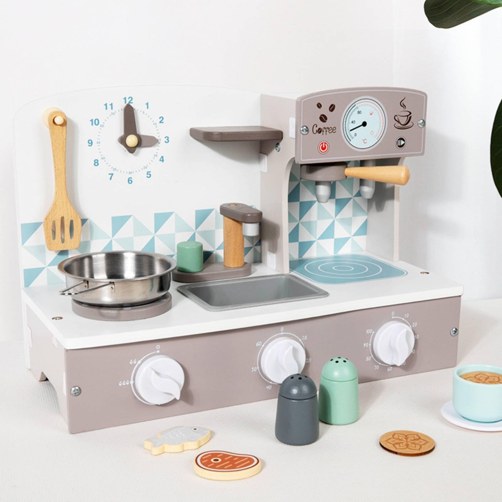 Cucina Giocattolo Bambini Set Cucina Giocattolo Piano Cottura Lavandino Stazione Caffè Legno Acciaio Orologio E Dettagli Deposito Adatta per Gioco Collaborativo Attività Prescolare Casa