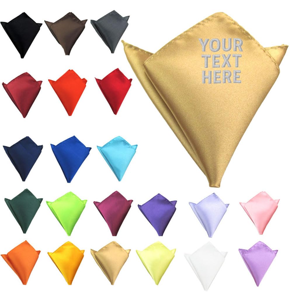 Van Der Linn Unisex Light Champagne Personalised Embroidered Pocket Handkerchief Square Satin Wedding Formal Groom (Light Champagne)