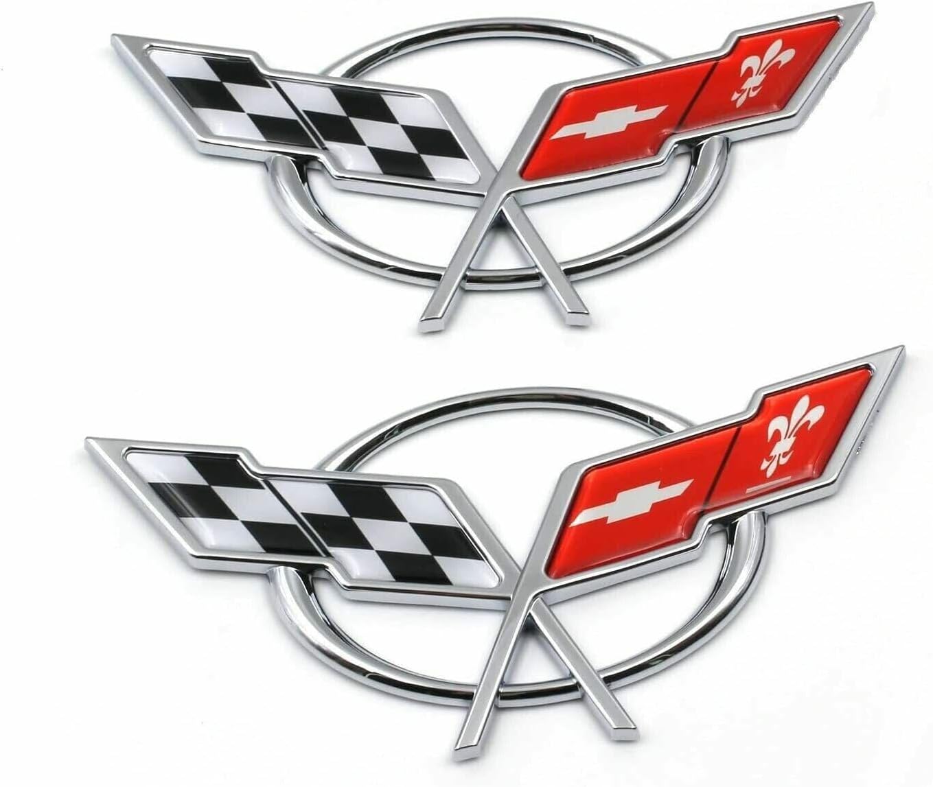 2Pc 1997-2004 Corvette C5 Rear Emblem Deck Lid 3D Crossed Flags Badge Replacement for Corvette (Chrome Red)