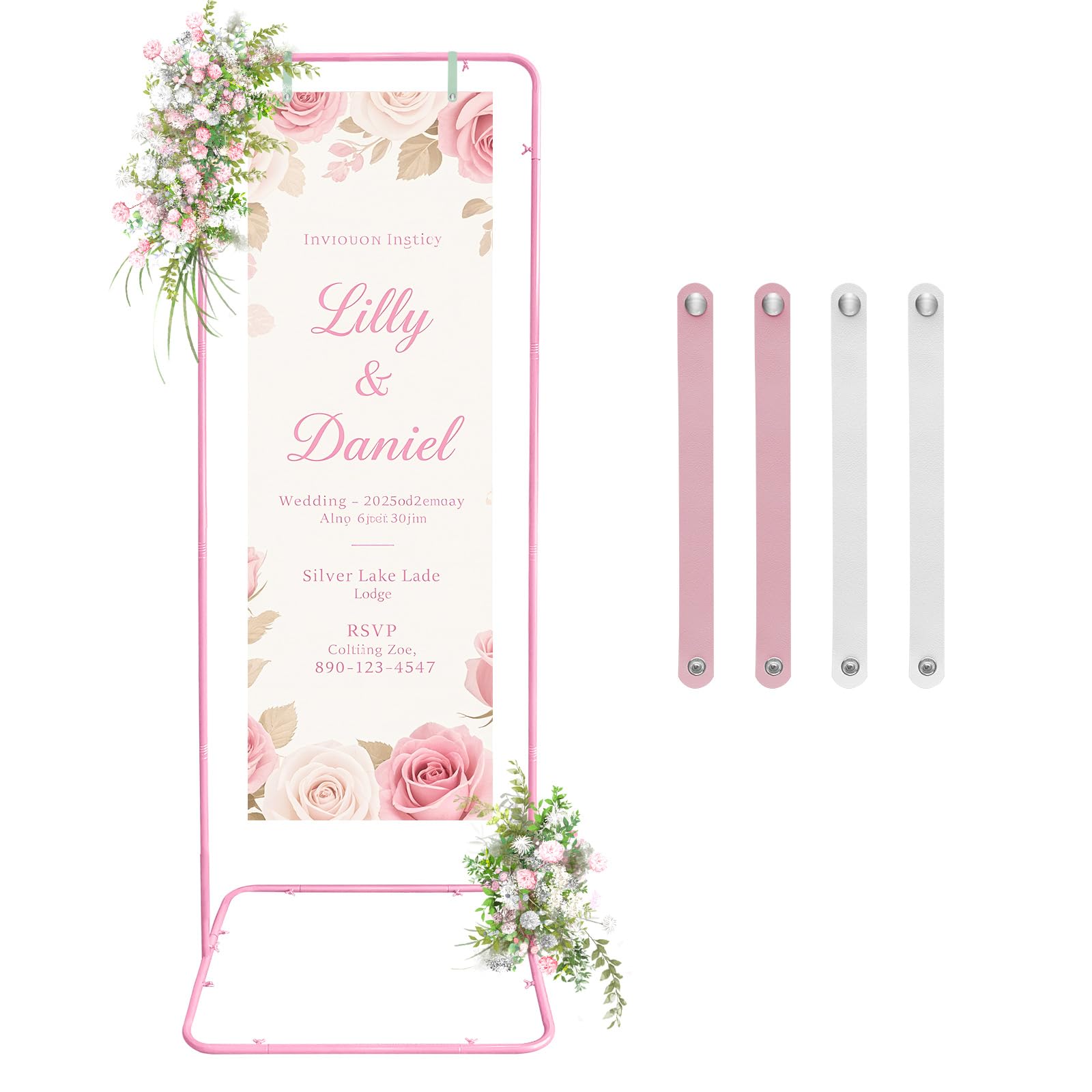 Fiita Wedding Welcome Sign Holder, 80×50×180CM Welcome to Our Wedding Sign Adjustable Display Stand with 4 Leather Sign Hanging Straps,Black Easel Stand Personalized for Baby Bridal Shower Sign