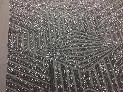 Sequin Fabric Dash Silver Whit Mesh White / 58" Wide/Geometric Sequins lace Dress. Sold by The Yard