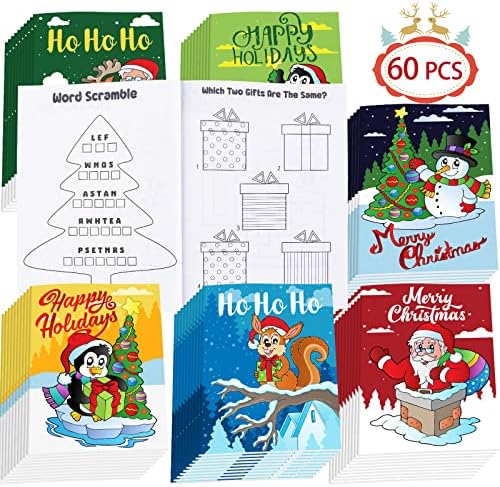 Qeeenar 60 Pcs Christmas Mini Activity Books for Kids Mini Bulk Holiday Fun and Games Activity Books Christmas Coloring Books for Christmas Activities Party Favors Gifts