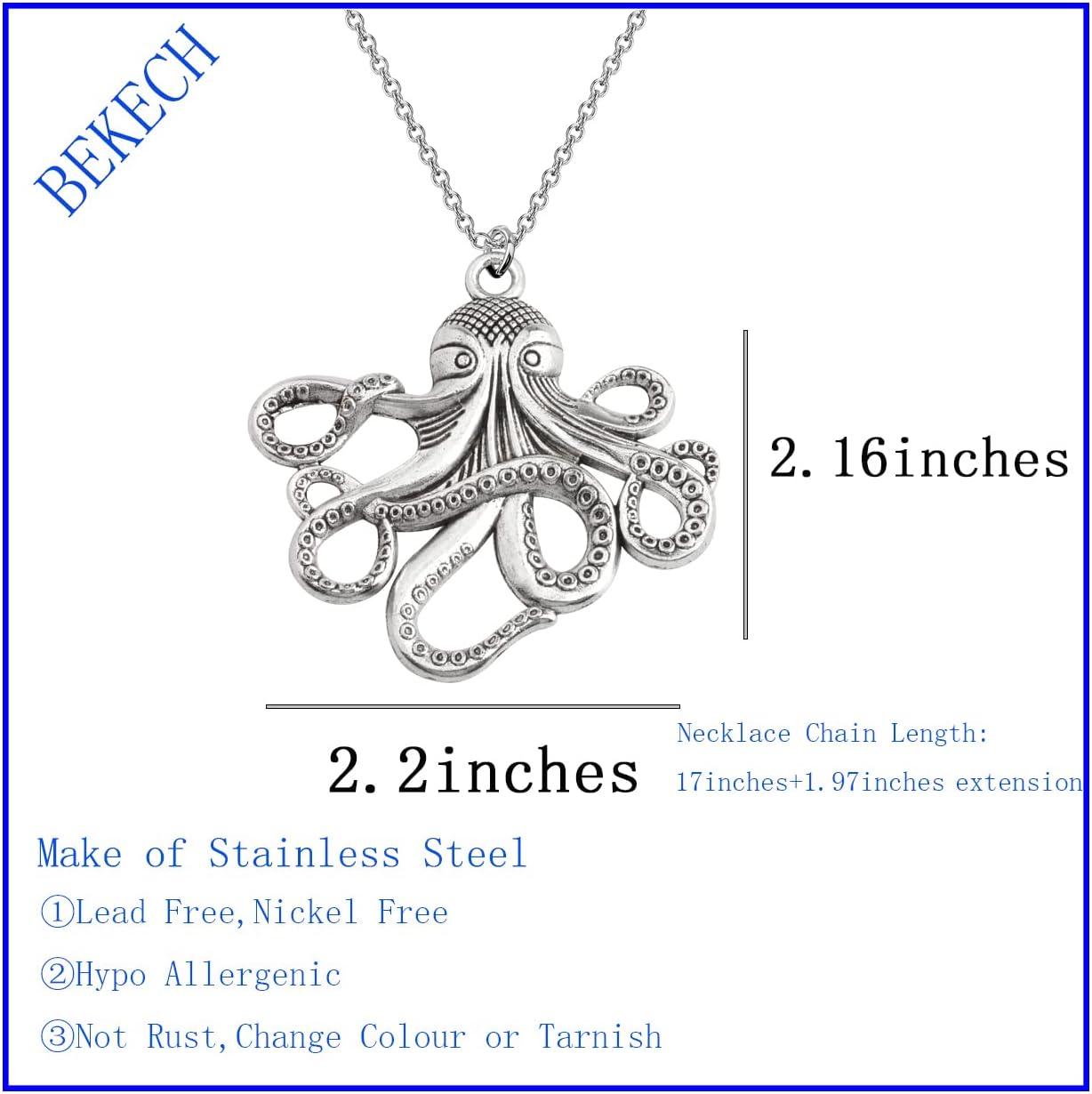 BEKECH Octopus Pendant Necklace Octopus Theme Nautical Jewelry Ocean Animal Gift for Octopus Lover Squid Lover Sea Fan Pirate Accessory for Her