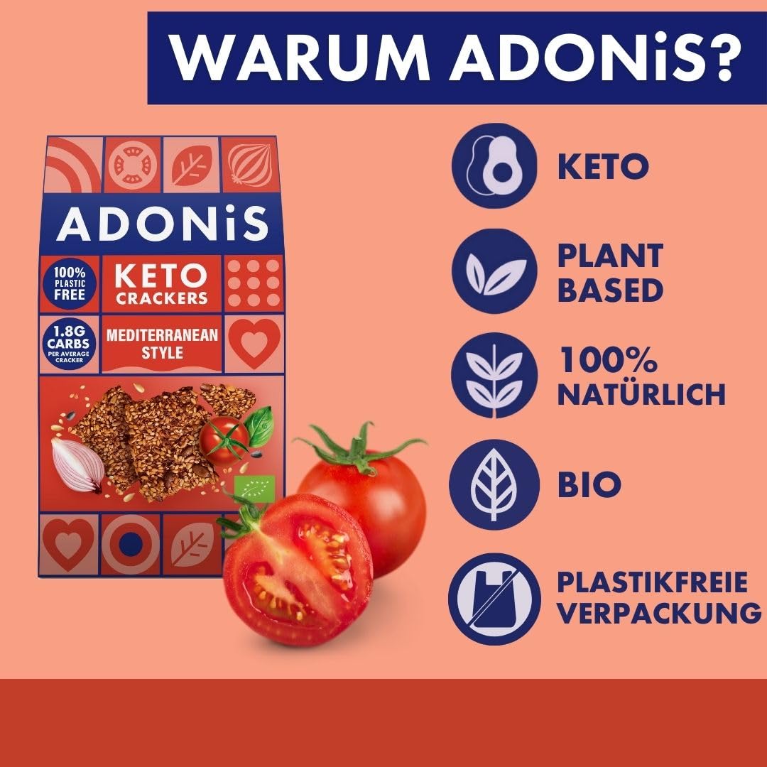 Adonis Keto Mediterrane Crackers (10 x 60 g Packung) | Vegan-freundlich | 100% natürlich | Glutenfrei, palmölfrei, laktosefrei | Gesunder Snack (Mediterran)