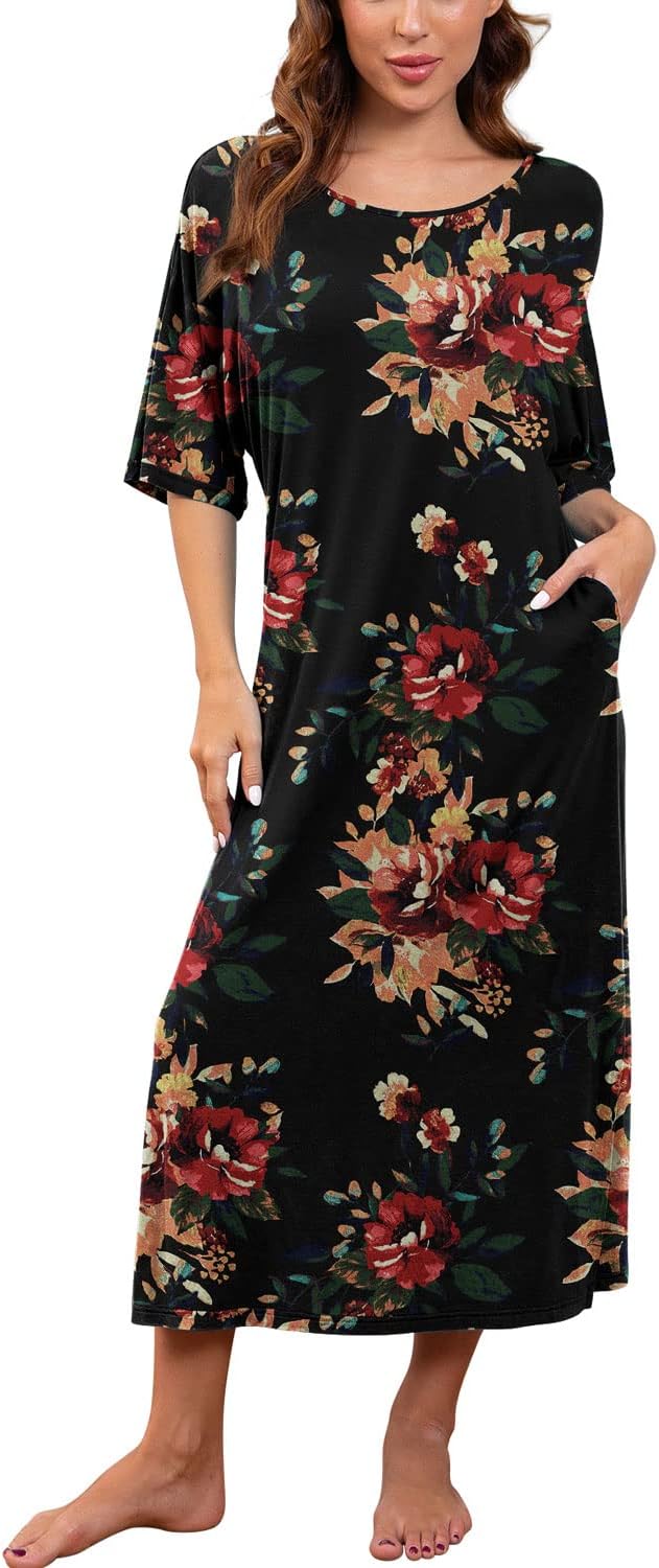 PrinStory Womens Long Nightgown Round Neck Nightshirts Short Sleeve Loose Loungewear Casual Sleep Dress With Pockets - Image 3