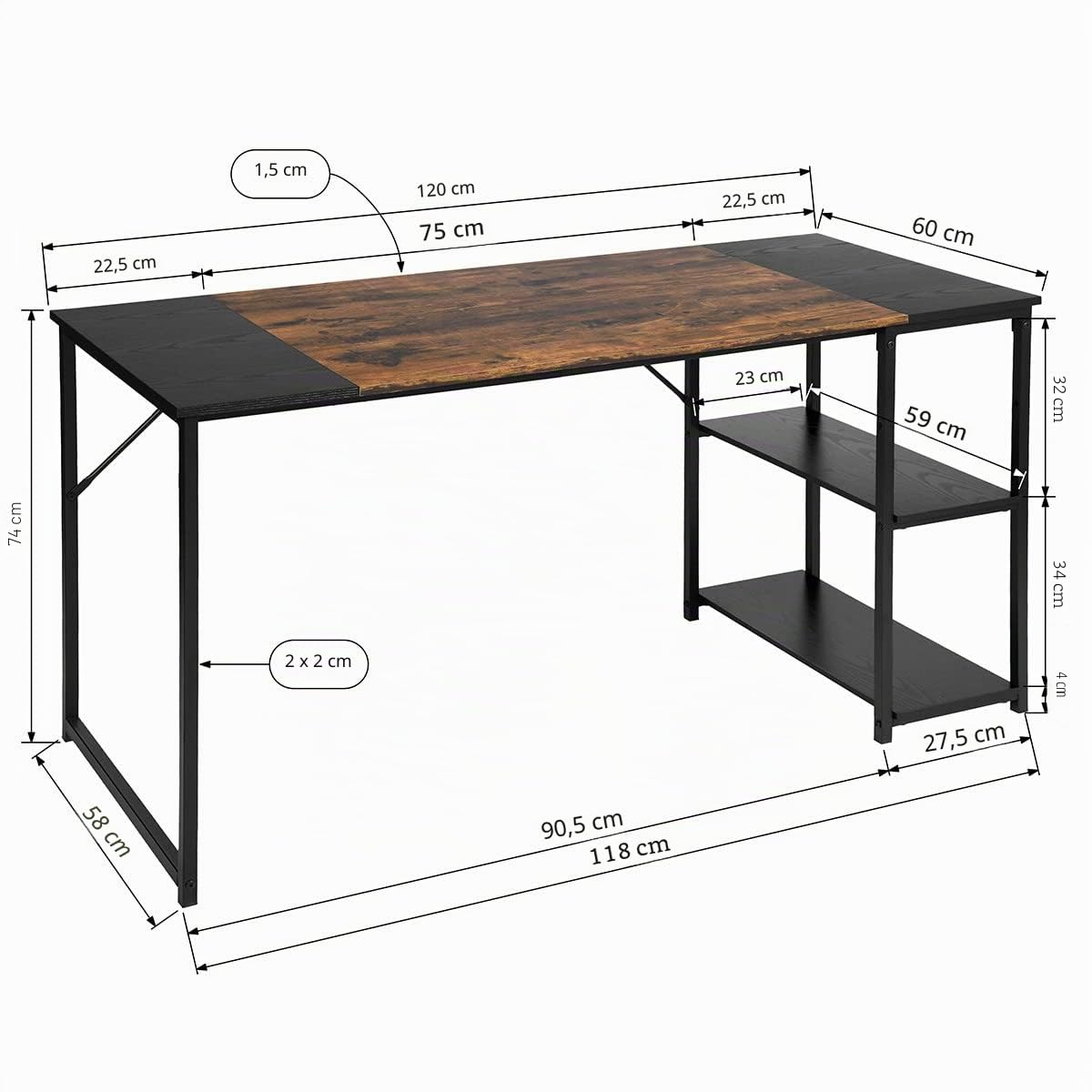 FurnitureR - Mesa de Dibujo Industrial (120 cm, Bandeja Bicolor, Retro, marrón y Negro, 2 estantes Laterales para Suministros, Ajuste de Altura, Ideal Taller, creación o Oficina en casa