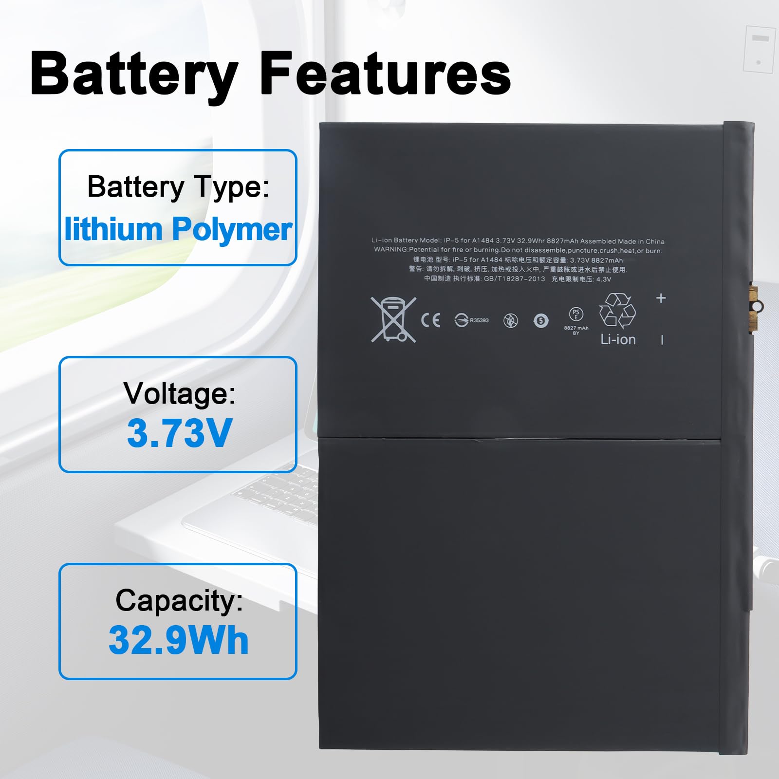 Batteria A1484 Compatibile con iPad di 5a, 6a e 7a Generazione, A1474 A1475 A1476 A1822 A1823 A1893 A1954 A2197 A2198 A2200 A2270 A2428 A2429 A2430 MRJN2LL/A MD785LL/A MD786LL/A MD787LL