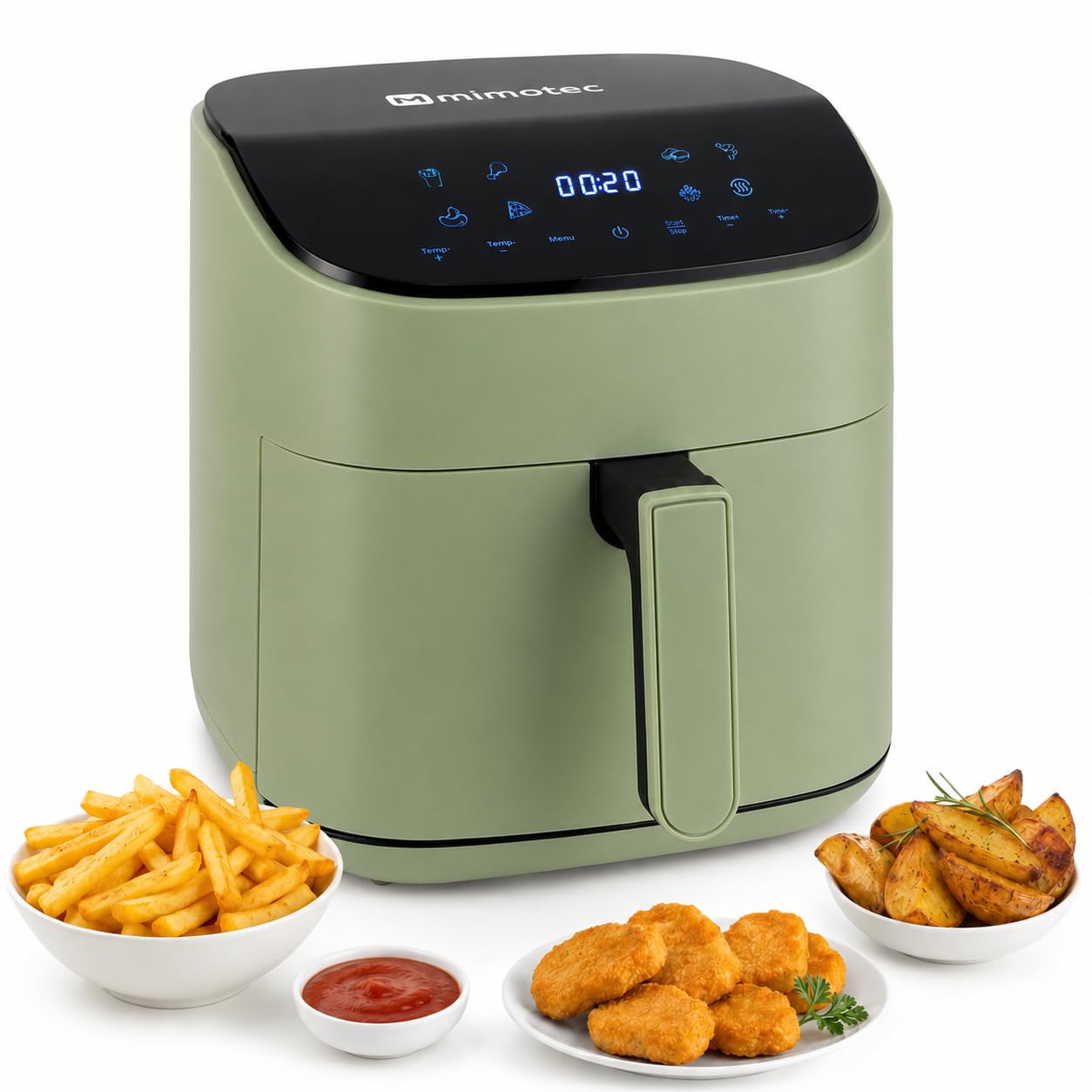 M mimotec – Air Fryer Green Sara Touch 6,5L, bezolejowa frytkownica powietrzna, 1600W, 8 menu cyfrowe, ekran dotykowy, funkcja grilla, regulowany timer, temperatura 80-200 °C, zdrowa kuchnia