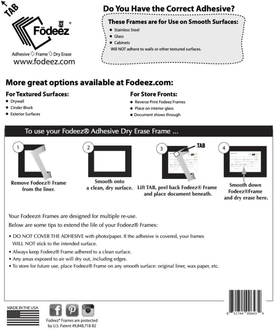Frames - Reusable Document Holders for Smooth Surfaces - Stick, Display, and Dry Erase - 2x3 (White)