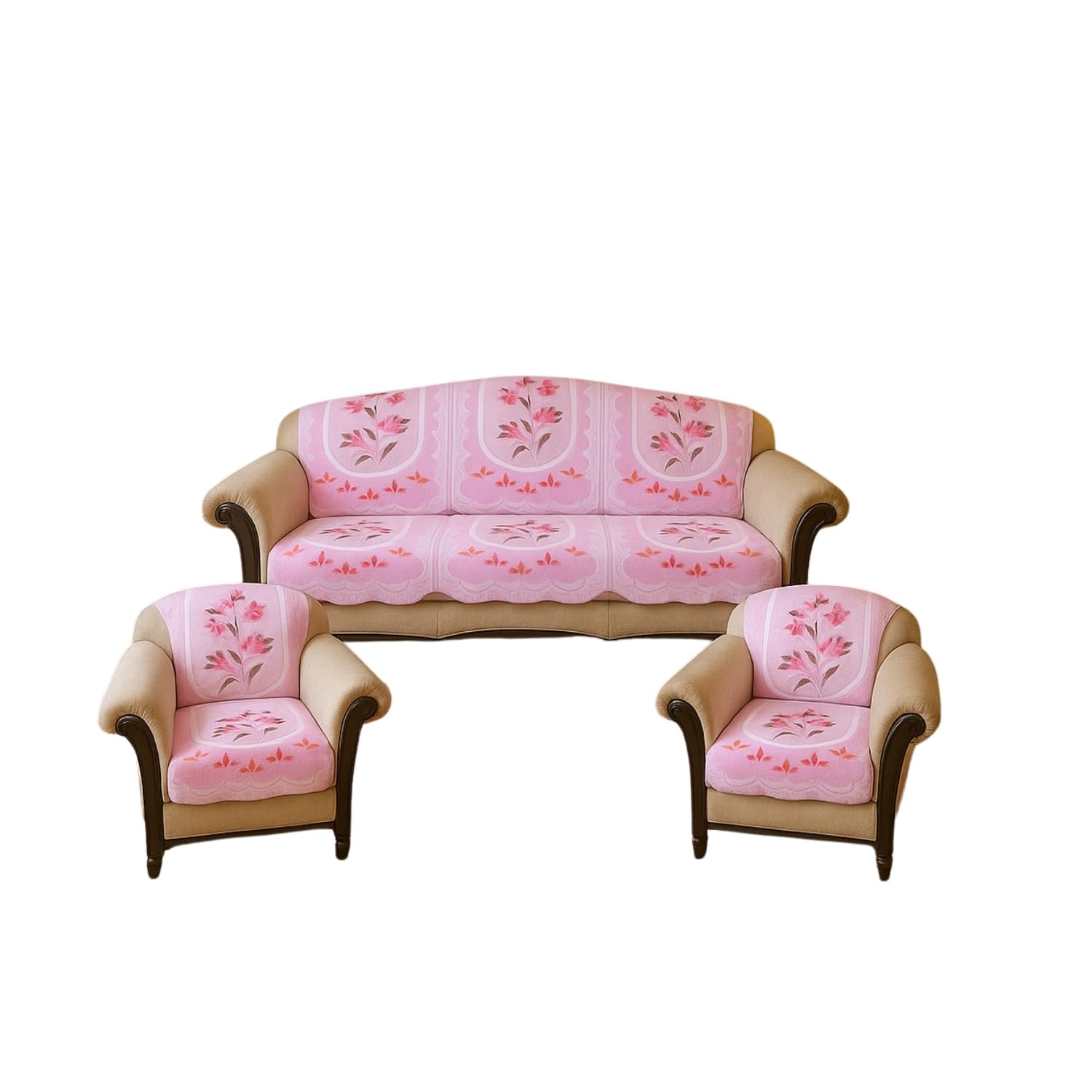 Cotton 5 Seater Sofa Cover 3 Set| Cover for 3 Seater and 2 Seater|Full Slipcover Set for Couch Seat|Pack of 10 Piece| Zig Zag Printed | Pink-image-23