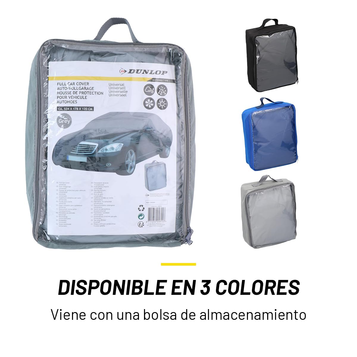 Dunlop Funda Coche XL - Funda Protectora para Coche Universal - Cubierta para Coche 534 x 178 x 120 cm - con Cordón Elástico y Anillos - Impermeable para Interior y Exterior - Gris
