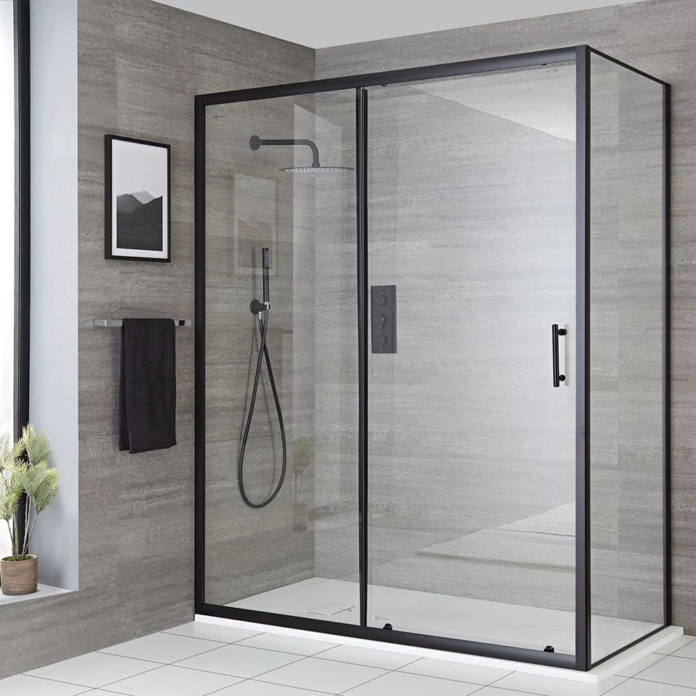 Milano Nero Black Corner Walk in Sliding Door Shower Enclosure White Tray - 1600mm x 800mm