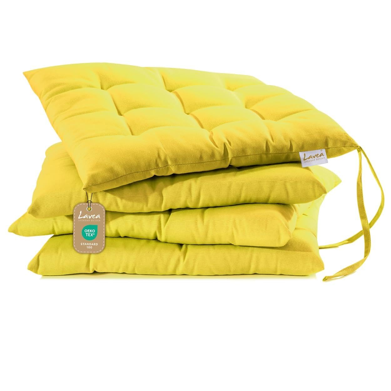Lavea® Cojines para Silla 40x40 cm – Juego de 4 con Lazos – Interior/Exterior – Cómodos y Lavables, Ideales para Jardín, Cocina, Balcón y Terraza - Amarillo Pálido
