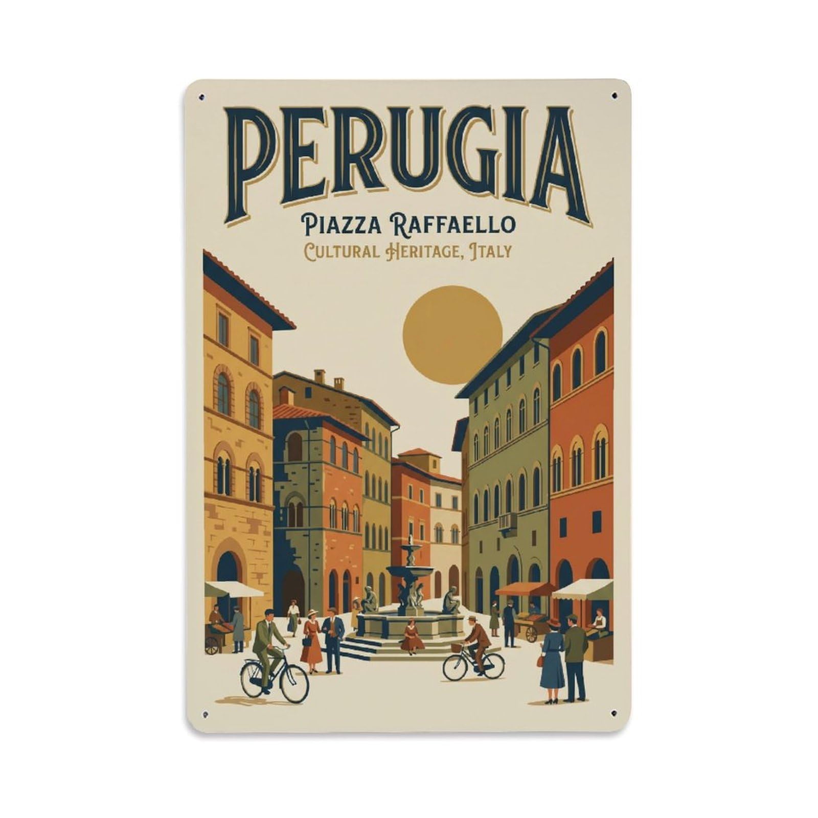 Vintage Travel Perugia Piazza Raffaello Clean Italy Metal Tin Sign Plaque Wall Decor for Cafe, Club Bar, Office, Home Garden Metal Poster 8x12Inch